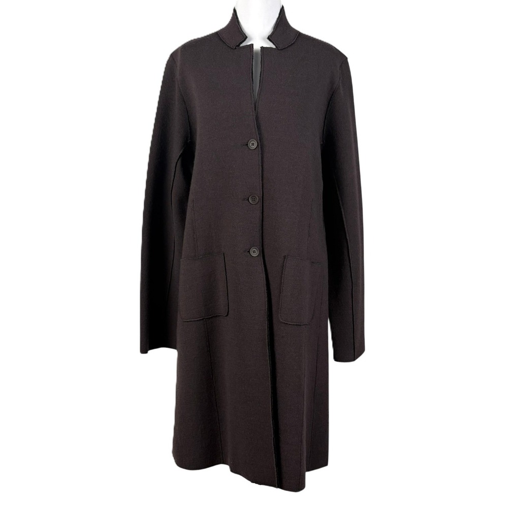 Eileen Fisher 100% Merino Wool Long Coat Womens M Brown Unstructured Overcoat